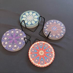 Ceramic Stone Drink Coaster with Cork Base. 4 Beautiful Mandala Designs w/ Stand